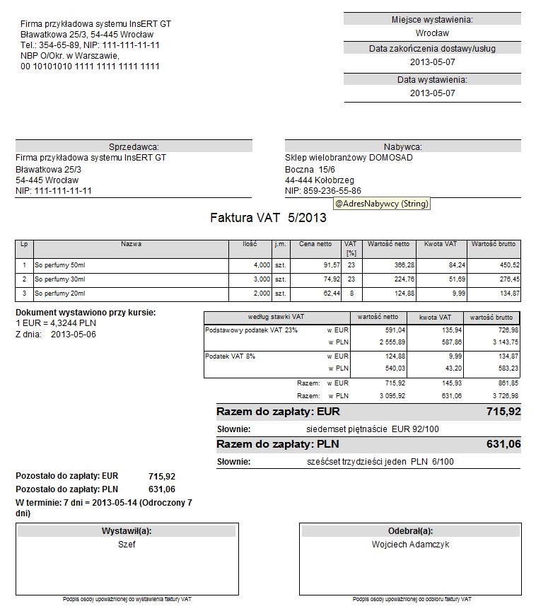 Faktura sprzedaży w walucie z tabelką VAT w walucie i PLN