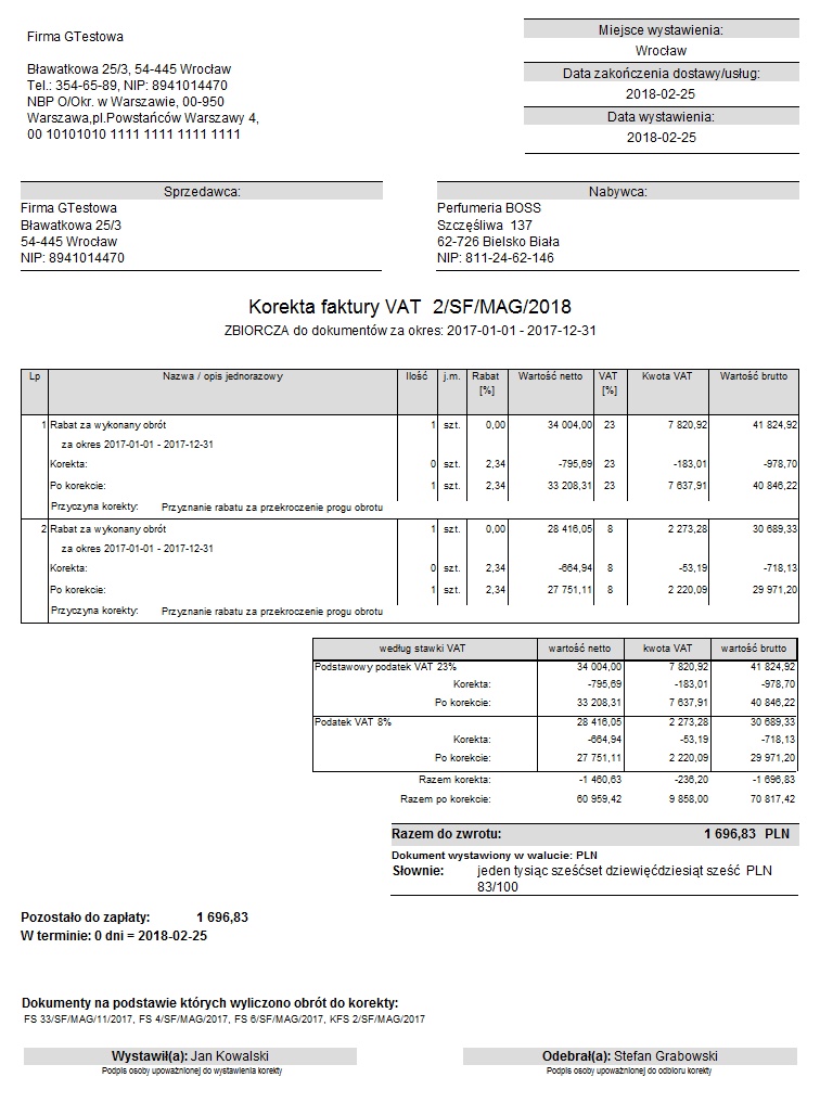 Korekty zbiorcze Faktur Sprzedaży dla Subiekta GT